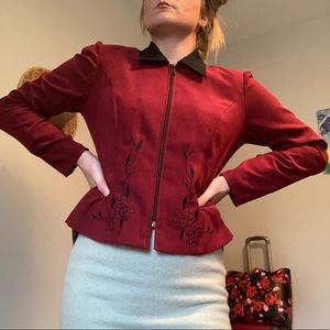 90’s Courtenay Designer Red Blouse or Blazer with Dramatic Black Artistic Floral